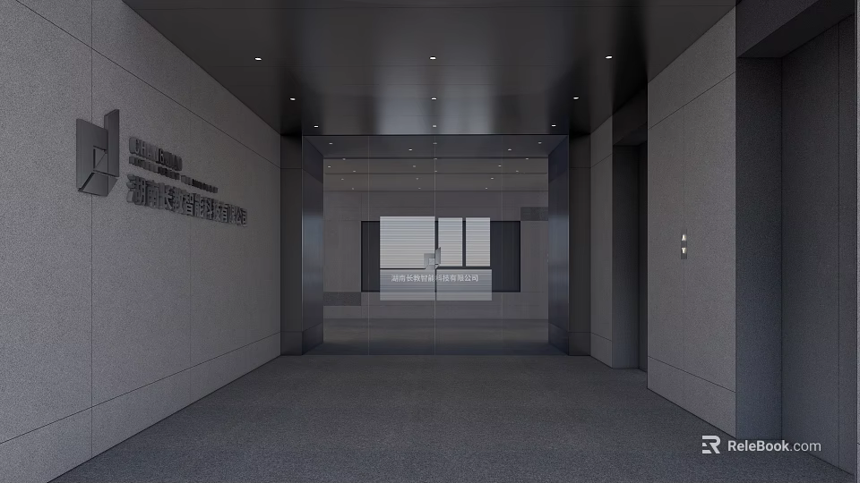 Modern Office Corridor Interior With Glass Doors Gray Walls Gray Flooring And Ceiling Lighting 3d model 