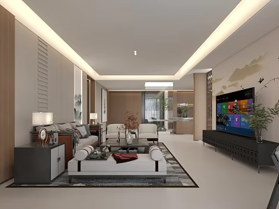 Modern Living and Dining Room Interior With Sofa Coffee Table TV Plants And Lighting Design 3d model