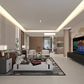 Modern Living and Dining Room Interior With Sofa Coffee Table TV Plants And Lighting Design