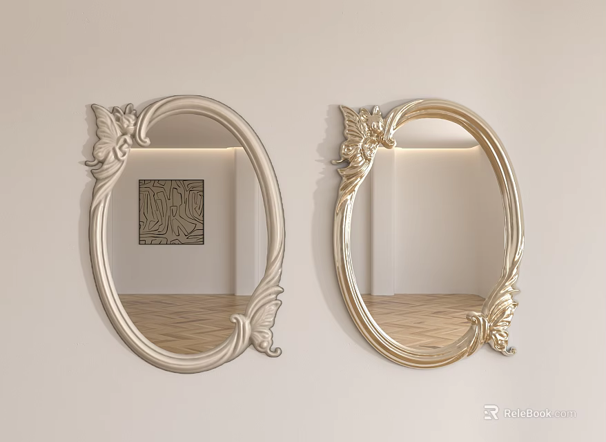 Oval Mirrors With Carved Decorations Hung On Light Colored Wall Reflecting Room Interior Wooden Floor 3d model 