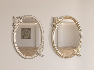 Oval Mirrors With Carved Decorations Hung On Light Colored Wall Reflecting Room Interior Wooden Floor 3d model