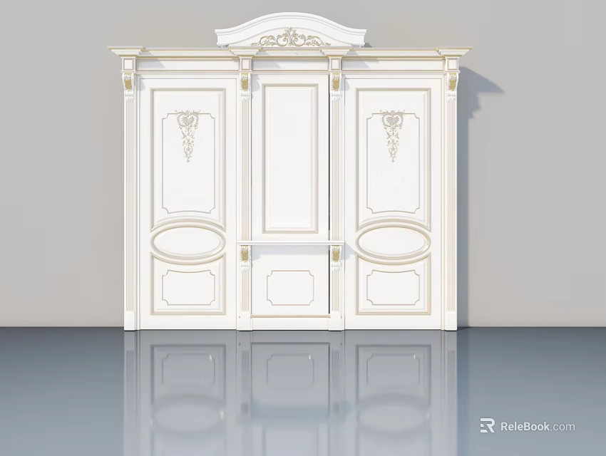 Elegant White Hinged Door With Three Panel Design And Decorative Carvings 3d model 