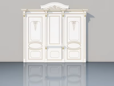Elegant White Hinged Door With Three Panel Design And Decorative Carvings 3d model