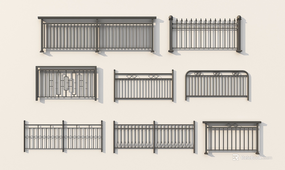 Metal Railings with Various Decorative Designs and Vertical Bar Ornamental Patterns 3d model 
