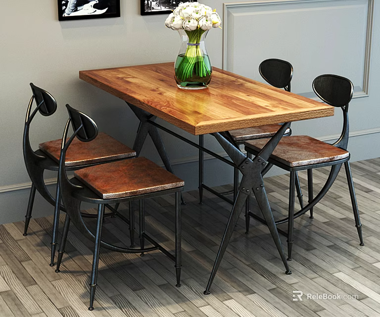Modern Dining Table Set Featuring Wooden Top Metal Frame Chairs And Vase With Flowers 3d model 