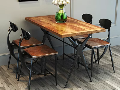 Modern Dining Table Set Featuring Wooden Top Metal Frame Chairs And Vase With Flowers 3d model