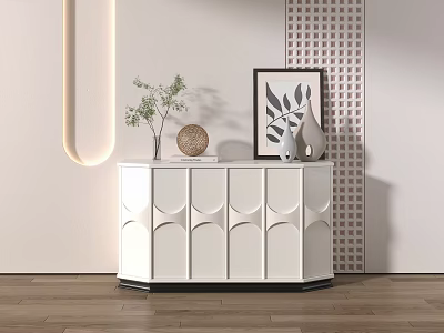 Stylish White Console Table in Modern Interior With Plant Vase Framed Art and Decorative Items 3d model