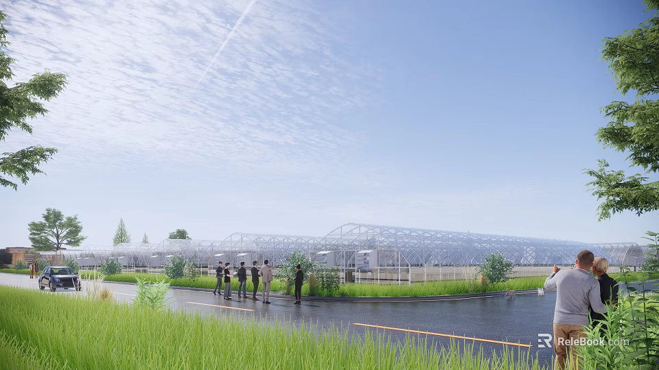 Large Modern Industrial Plant Exterior With Green Grass Trees People Nearby And Road 3d model 