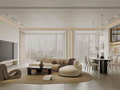 Modern Living and Dining Room Interior With Large Windows Natural Light Sofa And Dining Table 3d model