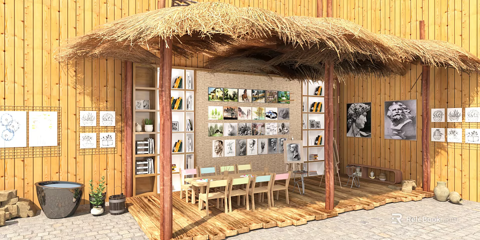 Thatched House Interior With Wooden Walls Displayed Photos Paintings And Tables Chairs 3d model 