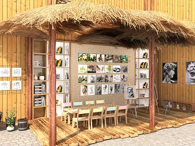 Thatched House Interior With Wooden Walls Displayed Photos Paintings And Tables Chairs 3d model
