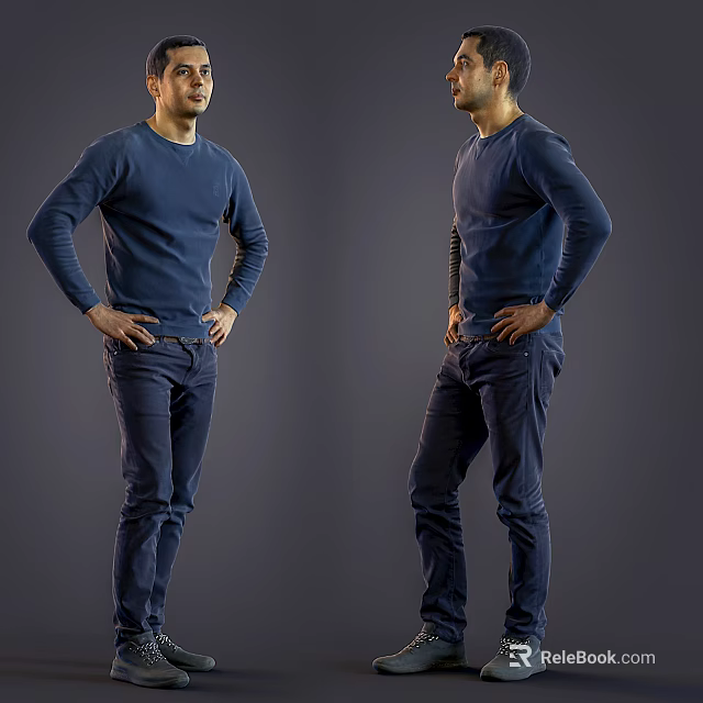 Man Wearing Navy Blue Sweater And Pants With Hands On Hips In Two Side Views 3d model 