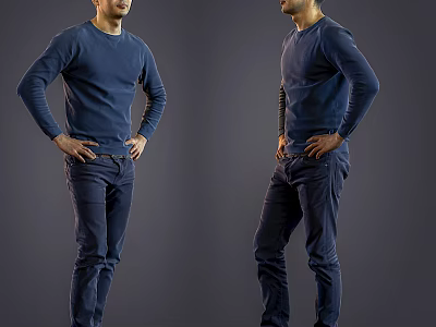 Man Wearing Navy Blue Sweater And Pants With Hands On Hips In Two Side Views 3d model