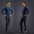 Man Wearing Navy Blue Sweater And Pants With Hands On Hips In Two Side Views