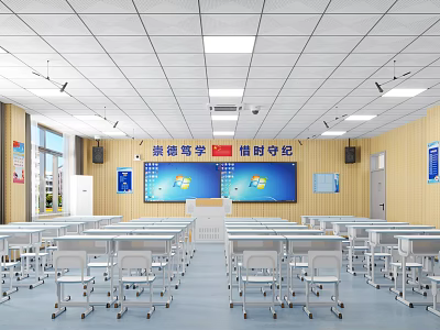 School Classroom With Neat Desks Chairs Blue Floor Slogans Windows Lights And Air Conditioners 3d model