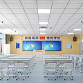 School Classroom With Neat Desks Chairs Blue Floor Slogans Windows Lights And Air Conditioners