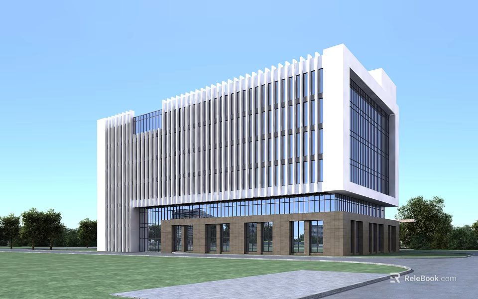 Modern Office Building Exterior With Vertical Stripes Glass Curtain Wall And Dark Base 3d model 
