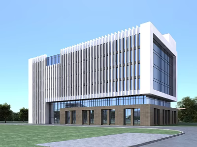 Modern Office Building Exterior With Vertical Stripes Glass Curtain Wall And Dark Base 3d model