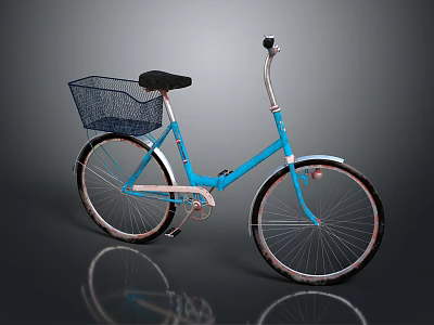 Blue Bicycle with Black Seat Basket and Silver Spokes Wheels on Gray Reflective Surface 3d model