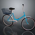 Blue Bicycle with Black Seat Basket and Silver Spokes Wheels on Gray Reflective Surface
