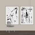 Abstract Art Wall Decor With Black White Paintings Gray Chair And Hanging Lamp