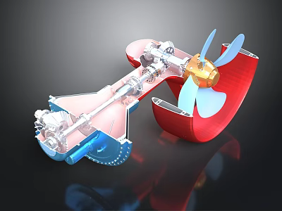 Mechanical Propulsion Device With Red Casing Blue Propeller Gear System Shaft And Internal Components 3d model