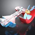 Mechanical Propulsion Device With Red Casing Blue Propeller Gear System Shaft And Internal Components