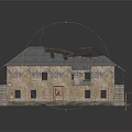 Dilapidated Building Featuring Gray Broken Roof Yellow Walls Red Door Windows Stairs And Small Balcony