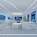 Modern Tech Exhibition Hall Interior With Hexagonal Grid Ceiling And Large Digital Screens