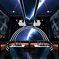 Futuristic KTV Room Interior With Sofas Tables And Neon Lighting