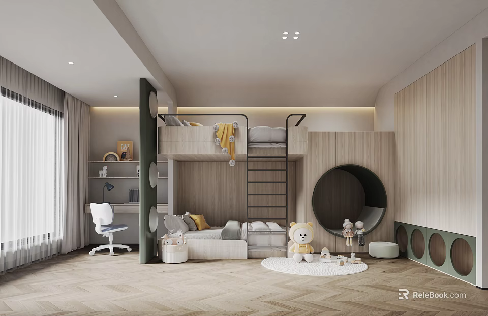 Modern Children's Room With Loft Bed Study Area Play Corner Wooden Walls And Chevron Floor 3d model 