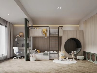 Modern Children's Room With Loft Bed Study Area Play Corner Wooden Walls And Chevron Floor 3d model