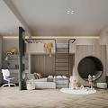 Modern Children's Room With Loft Bed Study Area Play Corner Wooden Walls And Chevron Floor