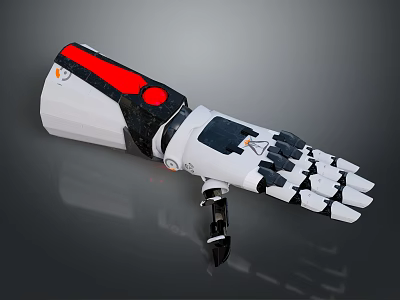 White Robotic Arm With Red Accent Black Joints And Mechanical Fingers 3d model