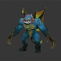 Blue Game Movie Character With Glowing Eyes Horns Orange Fins Green Patterns And Sharp Claws