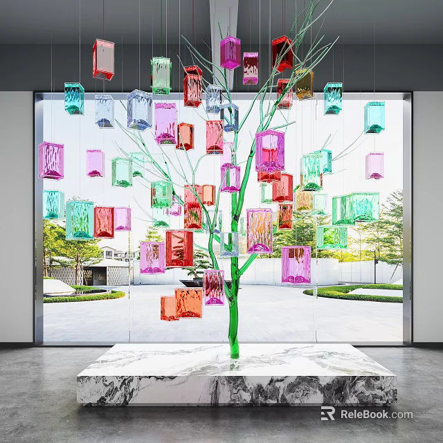 Colorful Transparent Decorative Blocks On Green Tree Trunk Installation With Marble Tabletop And Window View 3d model 
