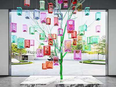 Colorful Transparent Decorative Blocks On Green Tree Trunk Installation With Marble Tabletop And Window View 3d model