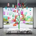 Colorful Transparent Decorative Blocks On Green Tree Trunk Installation With Marble Tabletop And Window View