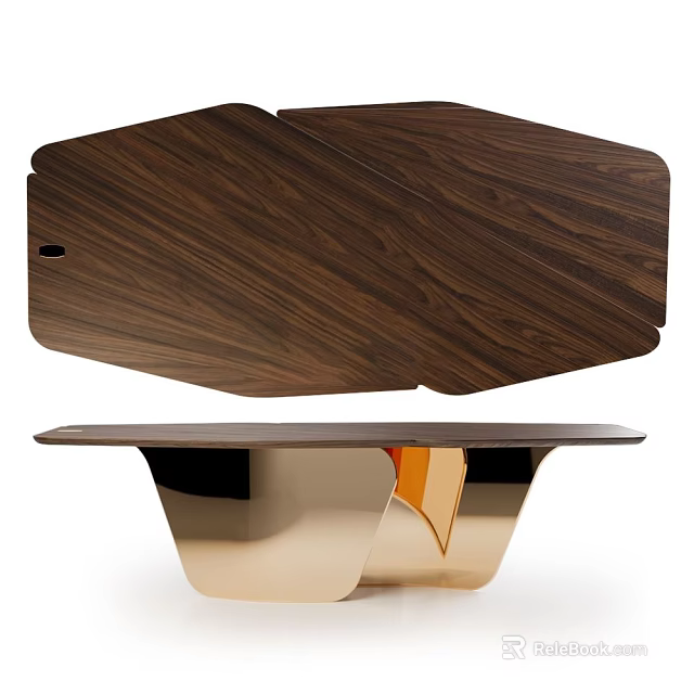 Modern Coffee Table Featuring Walnut Wooden Tabletop And Metallic Gold Base Design 3d model 