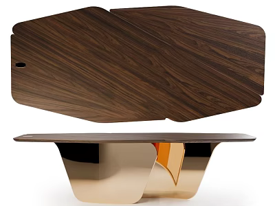 Modern Coffee Table Featuring Walnut Wooden Tabletop And Metallic Gold Base Design 3d model