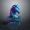Neon Unicorn Head Sculpture With Glowing Horn Blue Purple Gradient And SHOCK POINT Base