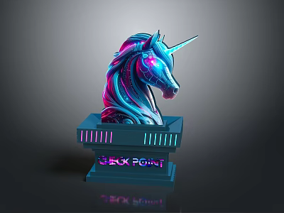 Neon Unicorn Head Sculpture With Glowing Horn Blue Purple Gradient And SHOCK POINT Base 3d model