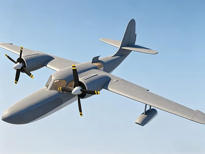 Gray Streamlined Passenger Plane Flying With Twin Propellers In Blue Sky 3d model