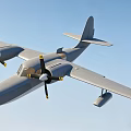 Gray Streamlined Passenger Plane Flying With Twin Propellers In Blue Sky