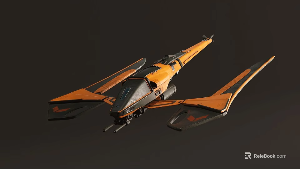 Orange Detailed Futuristic Spaceship With Sleek Design And Extended Wings 3d model 