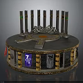 Sci Fi Futuristic Circular Platform With Tall Metallic Pillars And Mystic Symbols