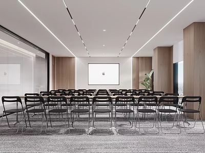 Modern Conference Room With Black Chairs Large Screen Wooden Walls Linear Ceiling Lights And Plants 3d model