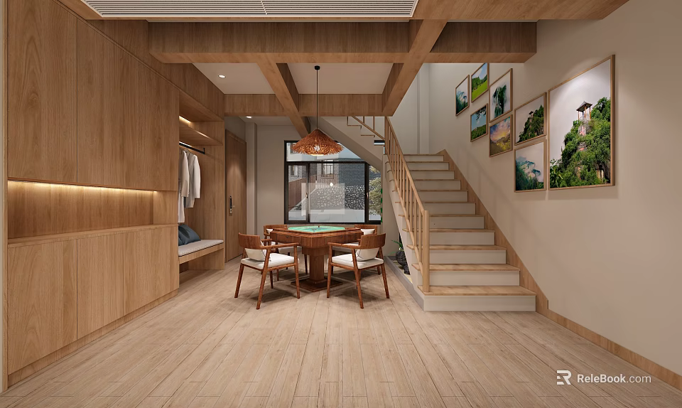 Hotel Public Lounge Interior With Wooden Elements Open Dining Table Staircase And Wall Paintings 3d model 