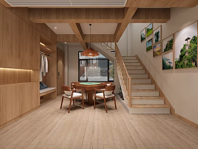 Hotel Public Lounge Interior With Wooden Elements Open Dining Table Staircase And Wall Paintings 3d model