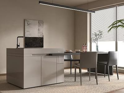 Modern Dining Table With Gray Chairs Pendant Light Artwork And Potted Plant Near Window 3d model